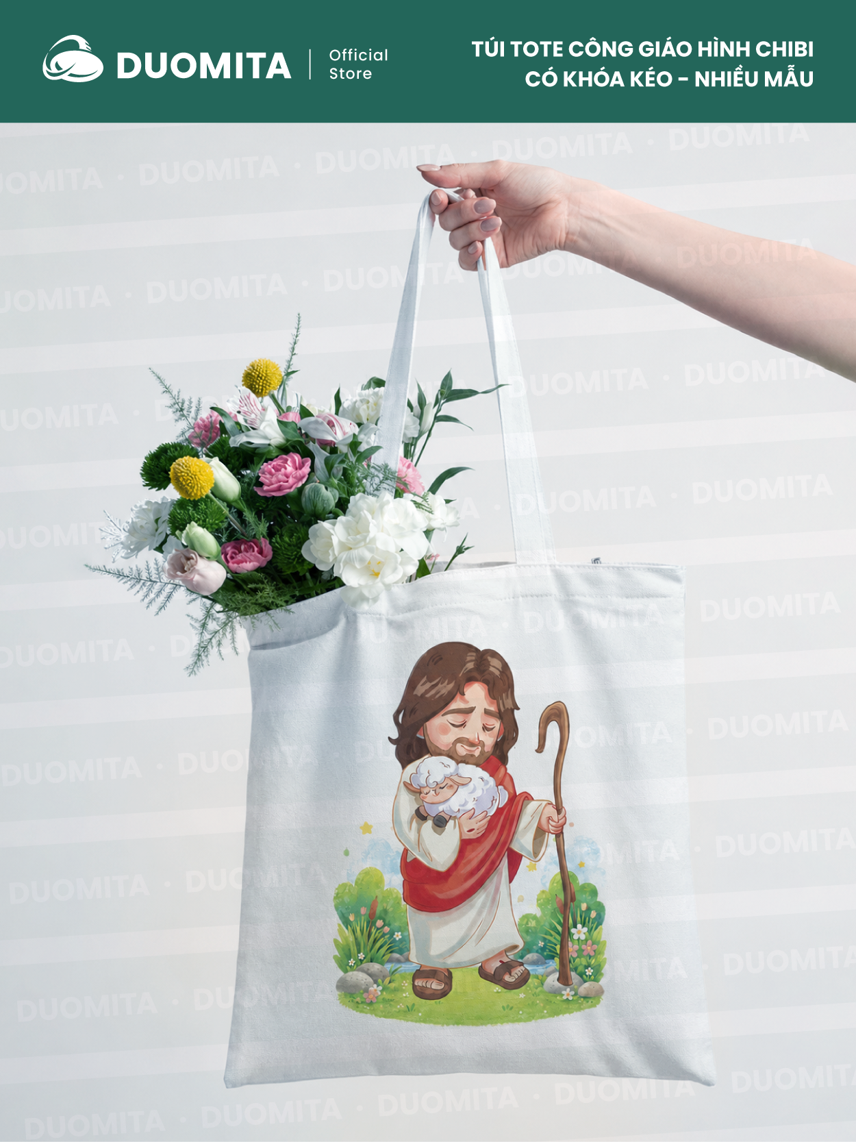 [[Nhiều mẫu] - Túi tote canvas Công Giáo hình Chibi có khoá kéo