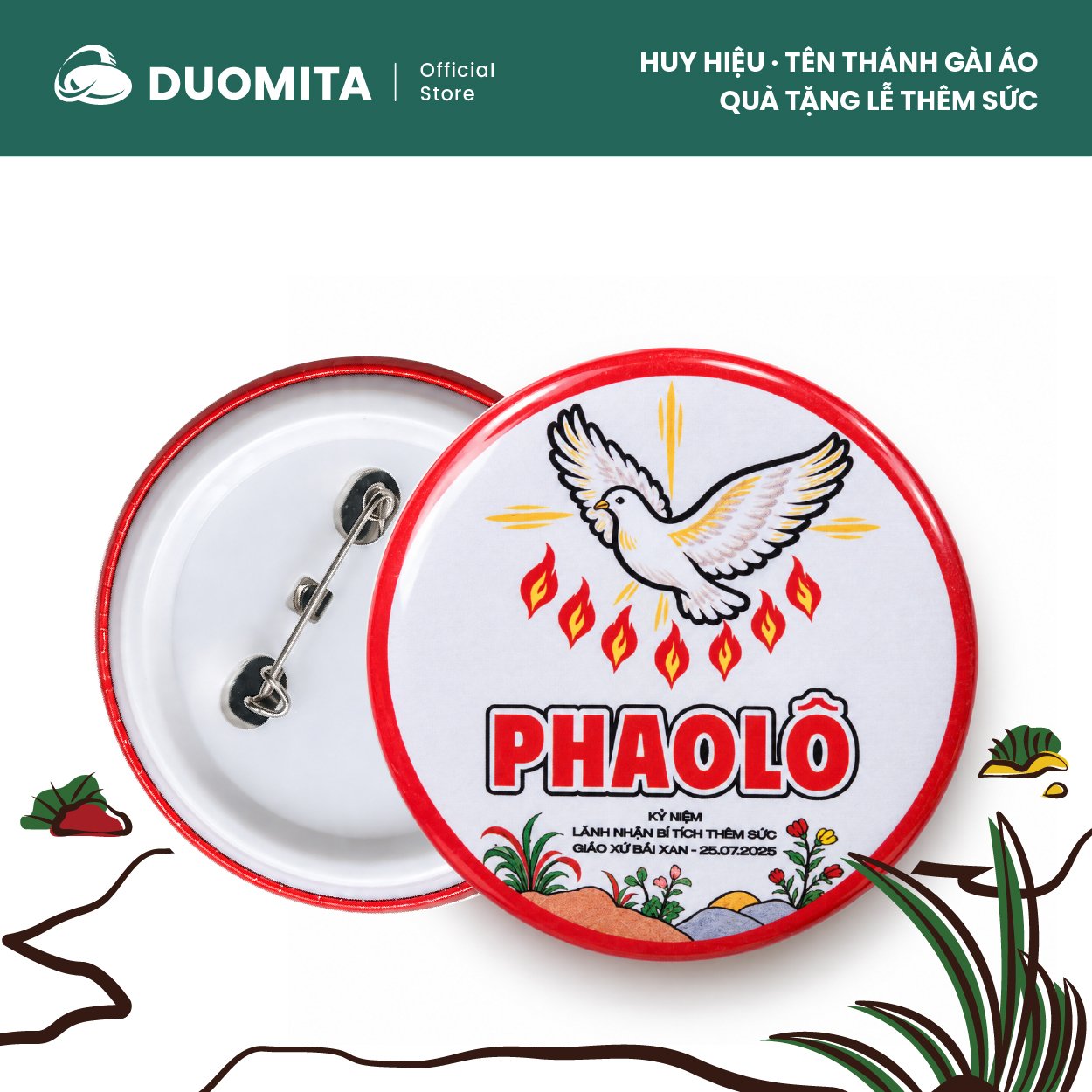 Huy hiệu Tên Thánh gài áo – Thong cách tranh Đông Hồ | Quà tặng lễ Thêm Sức